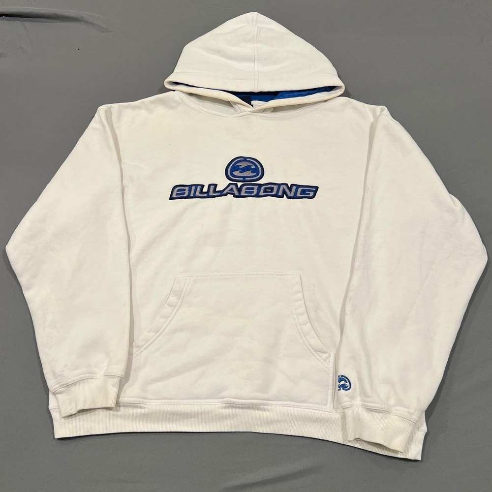 Billabong Vintage Y2K Embroidered Logo Hoodie White Blue Mens Medium